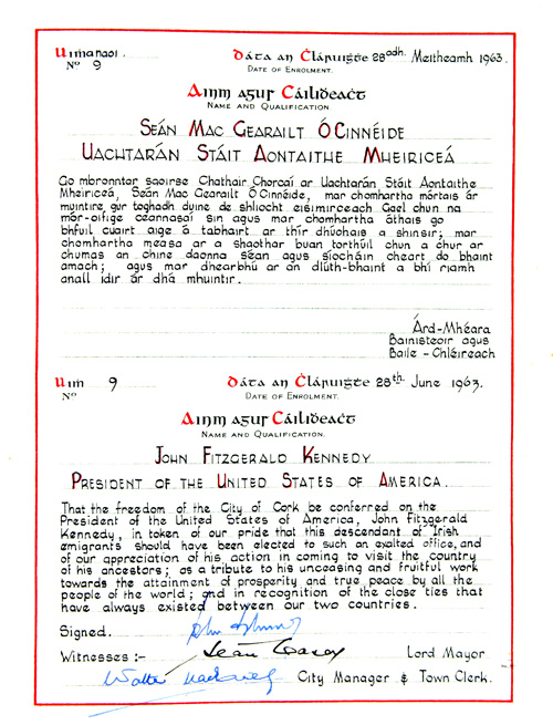 Honorary Freedom of Cork City Register- Entry for President John F. Kennedy 1963