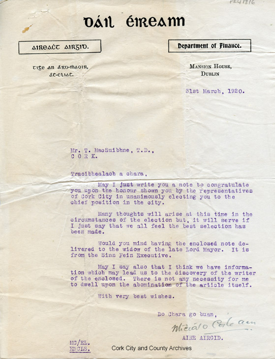 Letter to Terence MacSwiney from Michael Collins