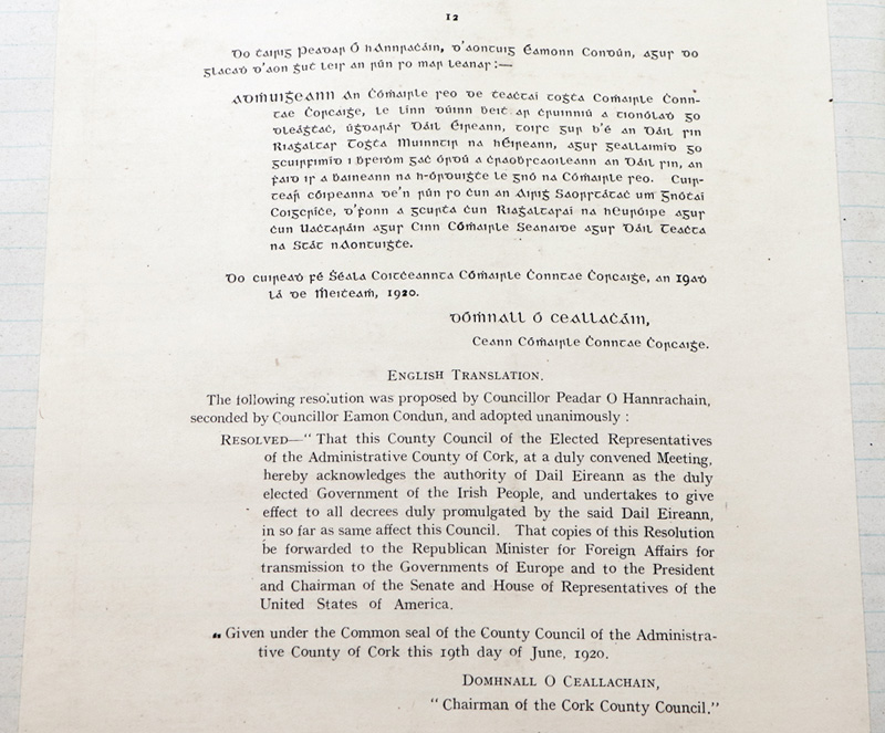 County Council Minutes 19 June 1920- resolution of allegiance to Dáil Éireann