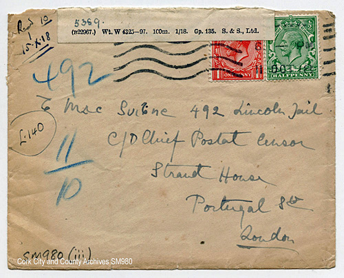 Envelope addressed to Terence MacSwiney in Lincoln Gaol 1918