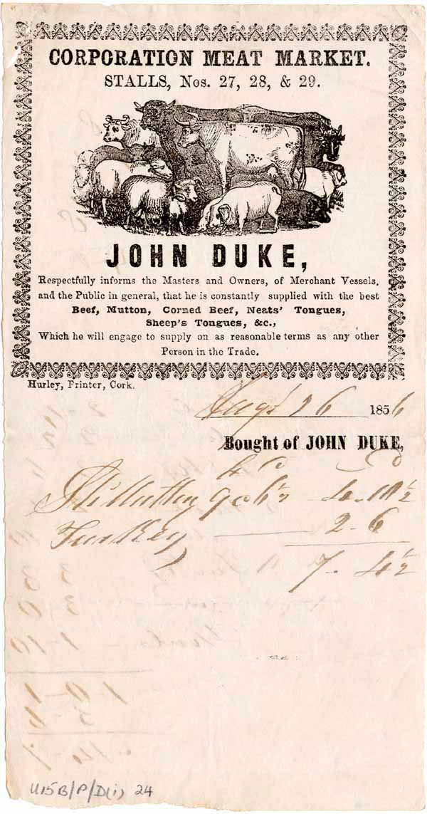 John Duke - English Market receipt 1856 John Duke - English Market receipt 1856