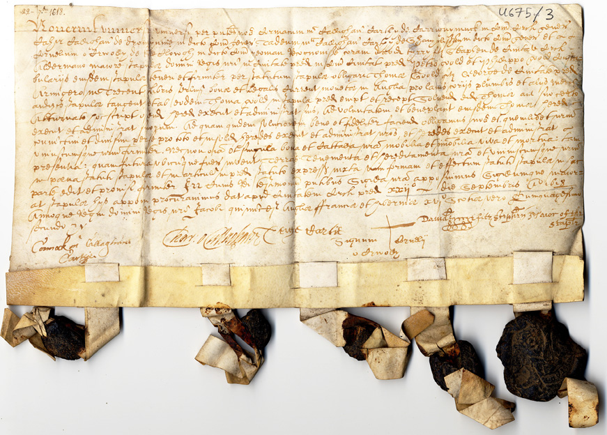 Cork City Statute Staple Deed 22 September 1618. Recognizance of a debt of 300 Pounds signed by 'David Tyrrye Fitzstephen Maior of the Staple', Cormack O'Callaghan Cartie and others. In Latin on parchment (animal skin). From the Vanderplas Cork Deeds collection. U675-3ed-72dpi
