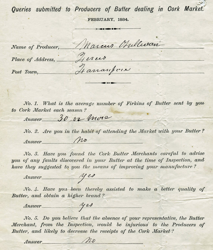 Cork Butter Market Supplier Form 1884 Cork Butter Market Supplier Form 1884